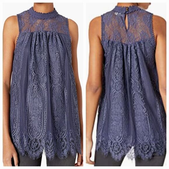 🔺️Taylor & Sage Medieval Blue High Neck Lacy Sleeveless Blouse Small - Picture 3 of 13